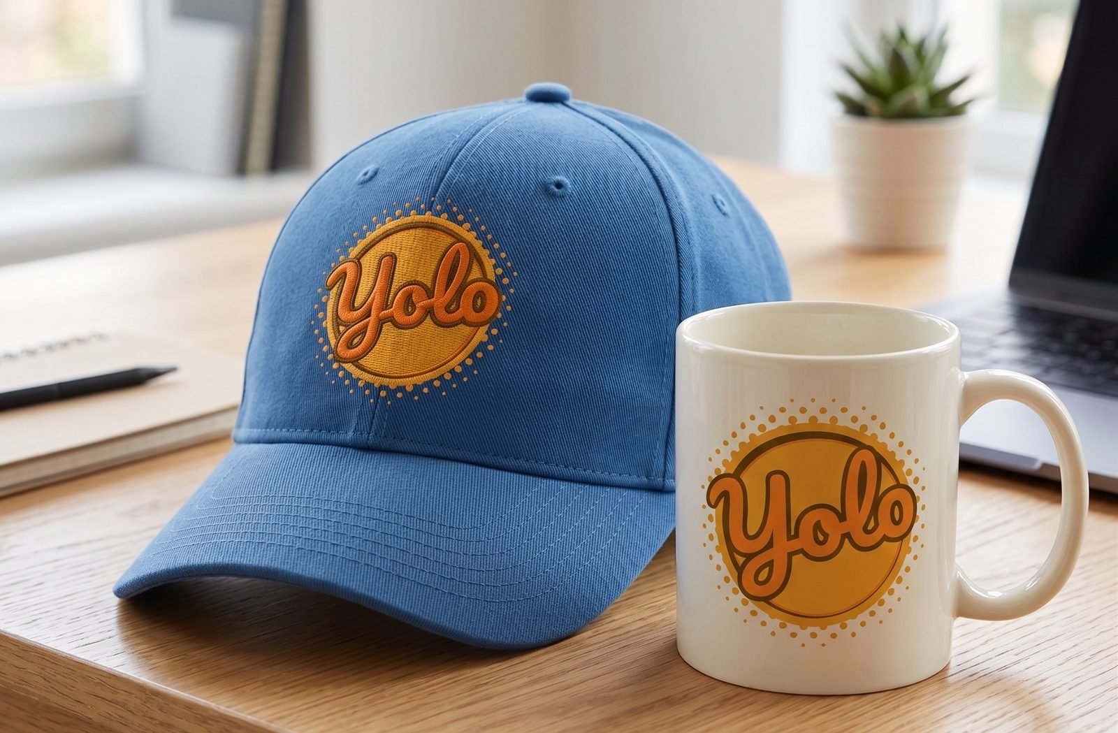 The YOLO EXIM logo embroidered on a blue cap and printed on a white mug