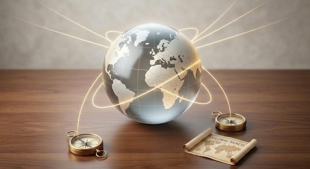 Glass globe on a desk with glowing trade routes linking India to the world