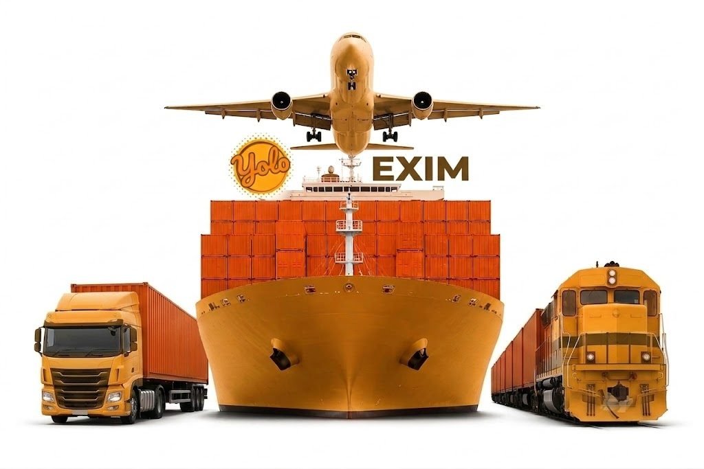 YOLO EXIM cargo ship loaded with containers, flanked by a truck, a train and a plane