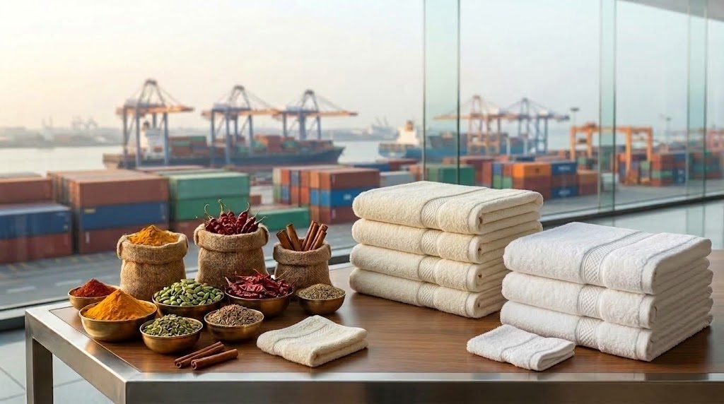 Indian spices in jute sacks and stacked cotton towels in front of a container port