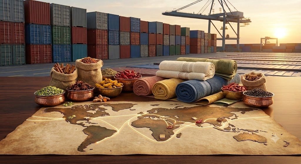 Indian spices, rolled cotton towels and a world map with trade routes at a container terminal